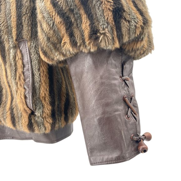 50s 60s Striped Faux Fur & Leather Criss Cross Cuff Puffed Sleeve Formal Coat - Picture 3 of 9